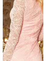 Dámské krajkové šaty v růžové barvě s dlouhými rukávy a výstřihem model 5917737 - numoco