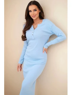 Dámská bavlněná šaty s dlouhým rukávem a knoflíkovým výstřihem modrá