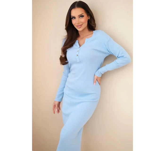 Dámská bavlněná šaty s dlouhým rukávem a knoflíkovým výstřihem modrá Dámská bavlněná šaty s dlouhým rukávem a knoflíkovým výstřihem modrá