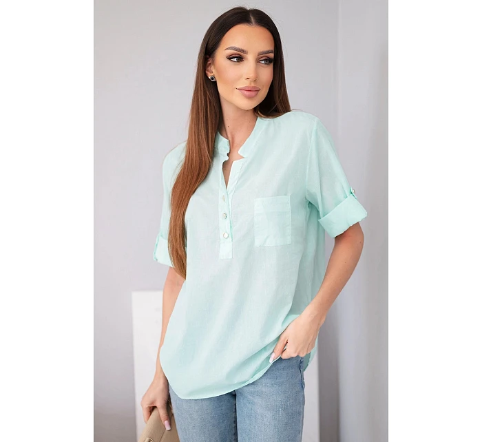 Dámská bavlněná košilová halenka s krátkým rukávem a kapsičkou mátová