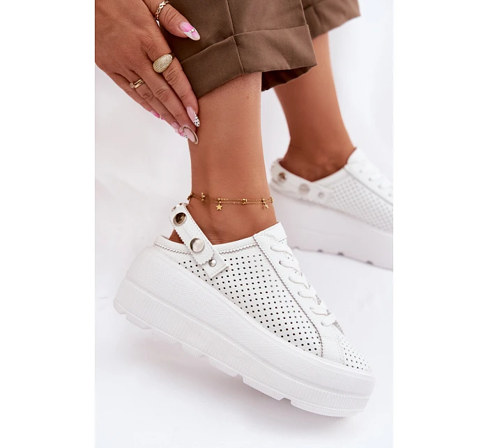 Kožené Ažurové Dámské Tenisky Na Platformě S Páskem Na Patě D&A LR61-7088 Bílé