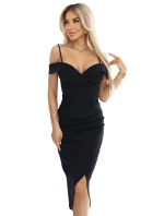 564-11 CALLIE Midi šaty s odhalenými rameny a výstřihem - černé