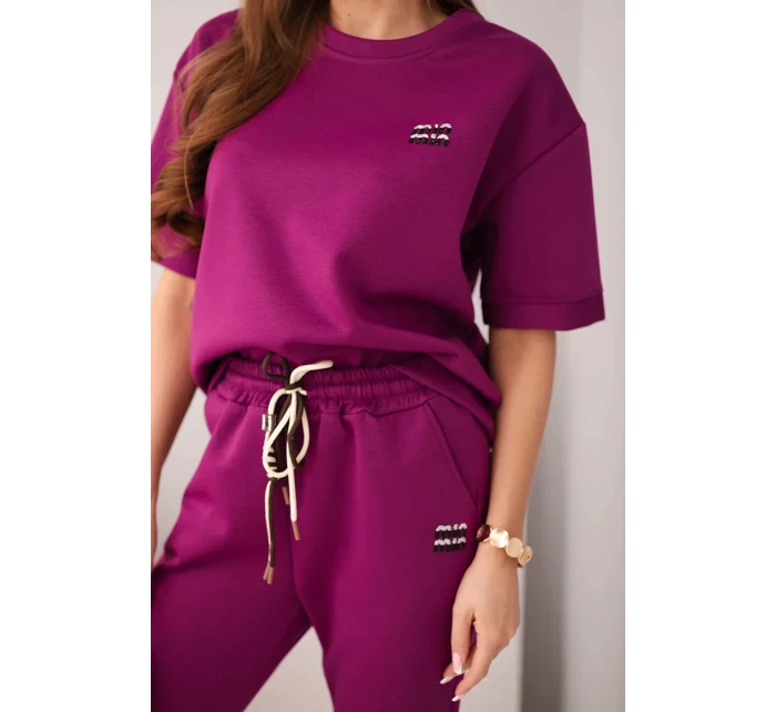 Dámský komplet viskózový máslo s krátkým rukávem a kalhotami s ohrnutým nohavicí tmavě fialový