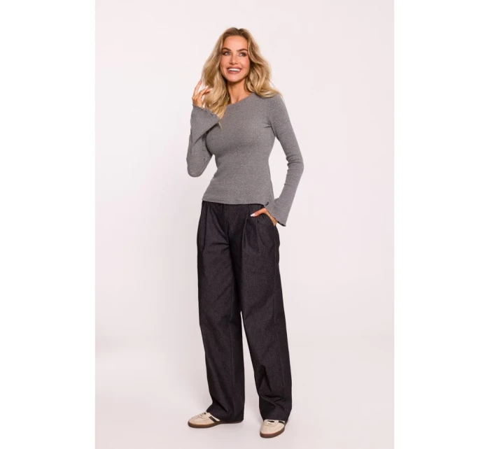 model 20476112 Žebrovaný top s dlouhými rukávy šedý melír - Moe