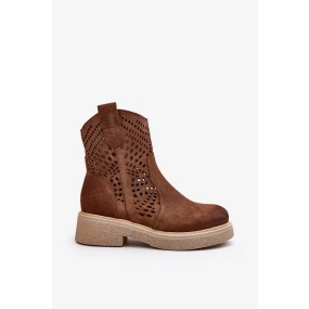 Zazoo Semišové dámské boty na plochých podpatcích, prolamované hnědé Zazoo Semišové dámské boty na plochých podpatcích, prolamované hnědé