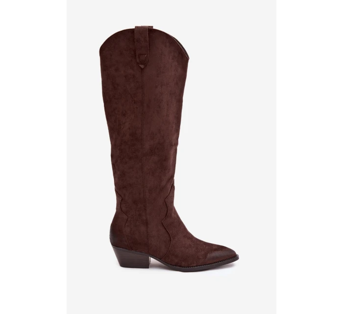 Eko Semišové Kozačky Dámské Na Podpatku Čokoládové model 21821821 - Boto Eko Semišové Kozačky Dámské Na Podpatku Čokoládové model 21821821 - Boto