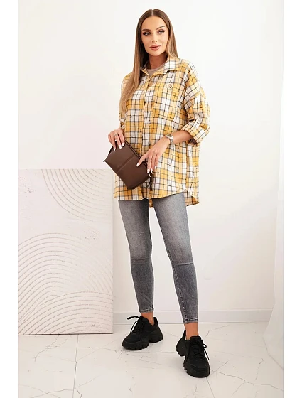 Dámská kostkovaná bavlněná košile s efektem model 21321854 hořčicová - K-Fashion