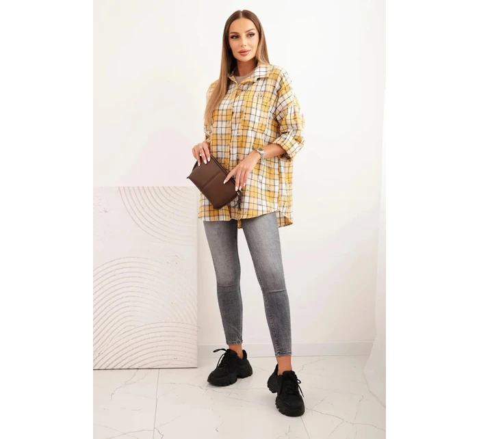 Dámská kostkovaná bavlněná košile s efektem obnošení hořčicová