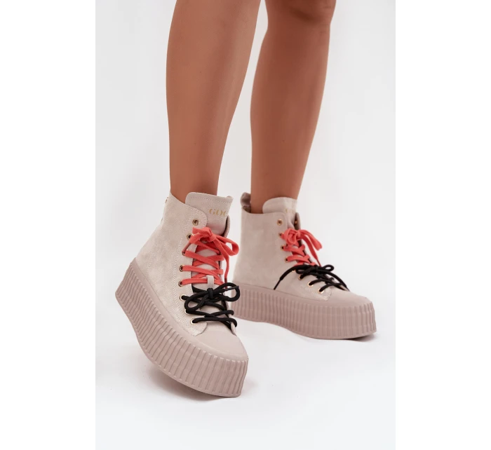 Dámské zateplené semišové trampky na masivní platformě GOE – béžové