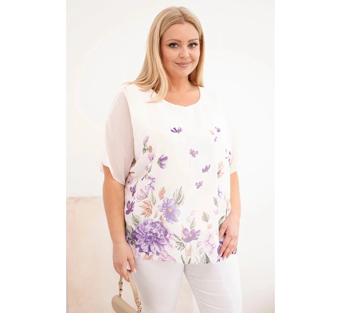 Dámská halenka Plus Size s krátkým rukávem a květinovým potiskem fialová