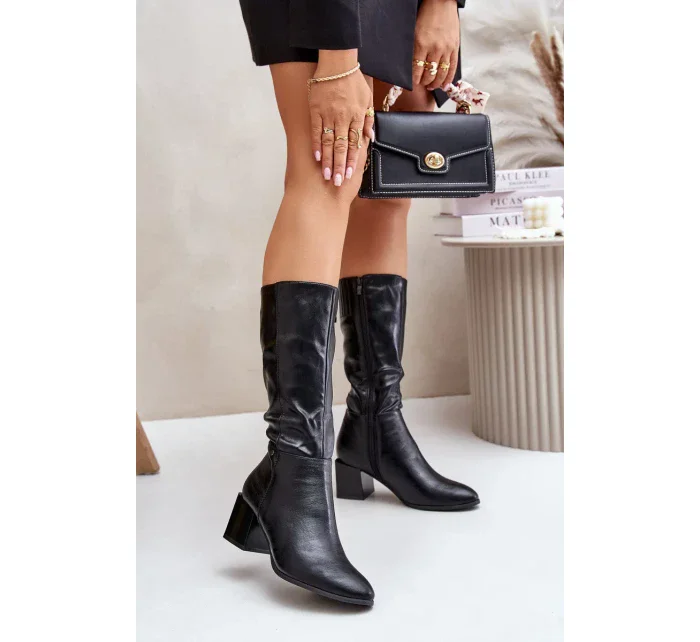 Zateplené Kozačky Na Podpatku Eko Kůže Do Půlky Lýtka Černé Ellithira