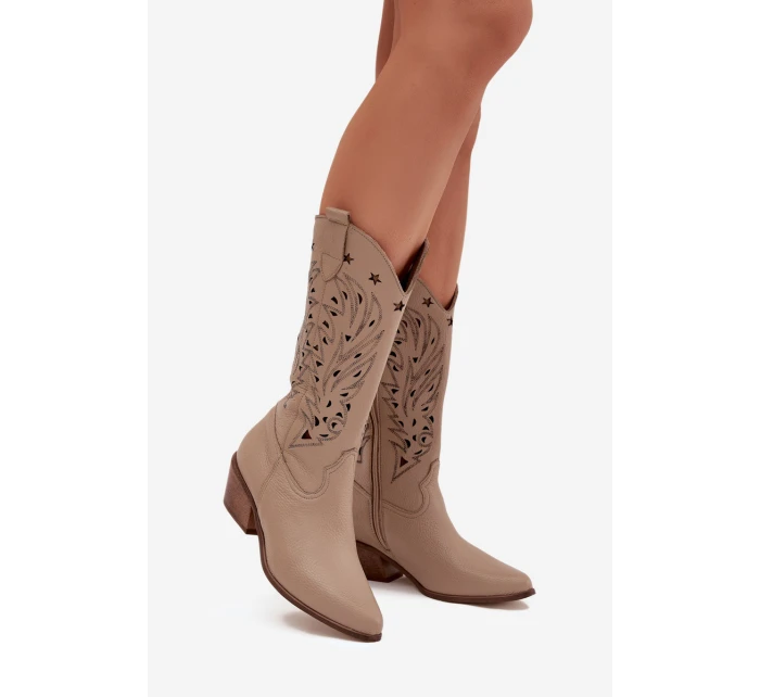 Kožené Kozačky S Vzorkovaným Svrškem Tmavě Béžové Zazoo 3714