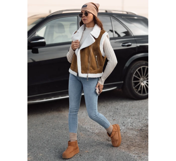 Dámská semišová vesta s ovčí kůží WOOLZIP camel FashionStreet TY4741