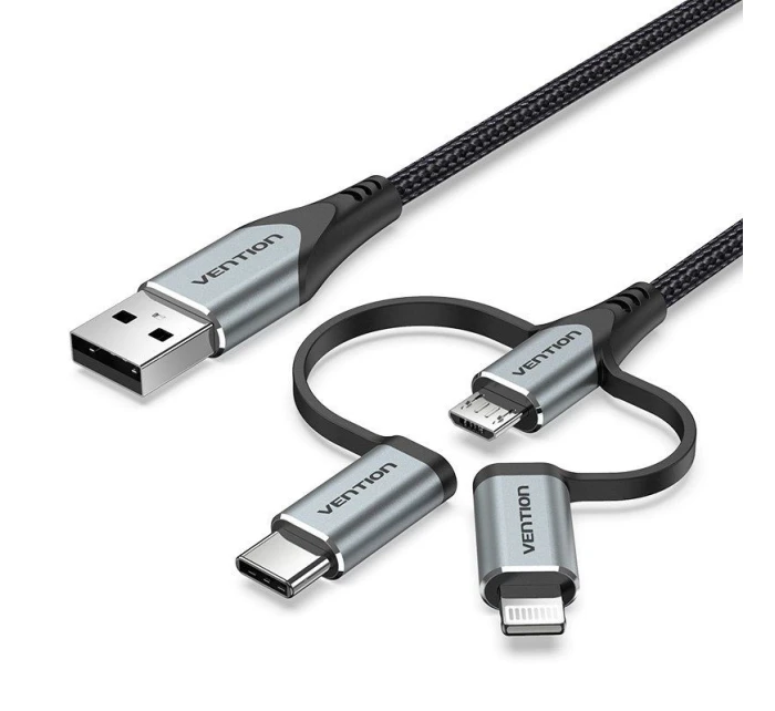 Vention USB-A 3v1 Micro-B USB-C Lightning kabel 1m šedý