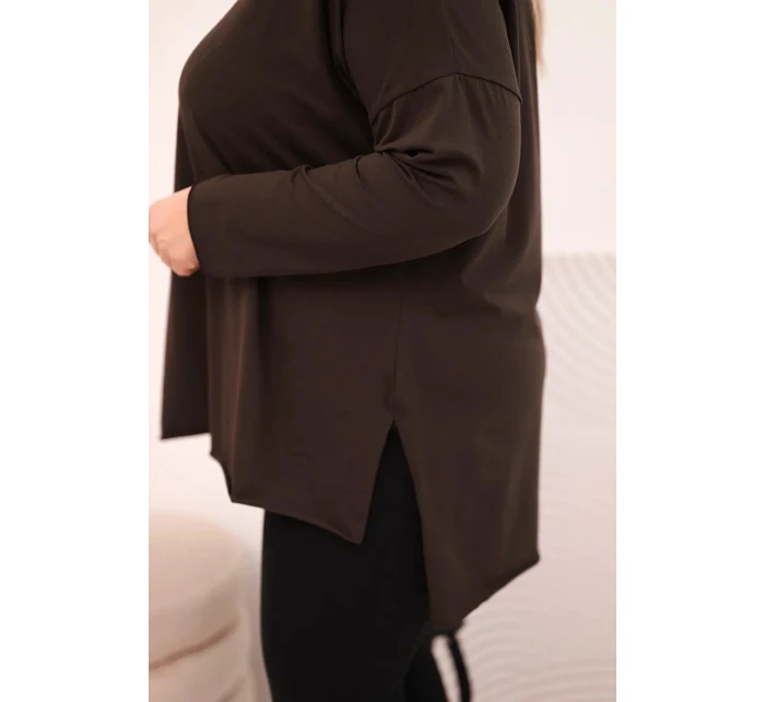 Dámská bavlněná blůza Plus Size asymetrická s dlouhým rukávem hnědá