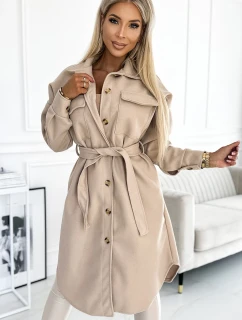 493-1 Teplý kabát s kapsami, knoflíky a vázáním v pase - BEACH