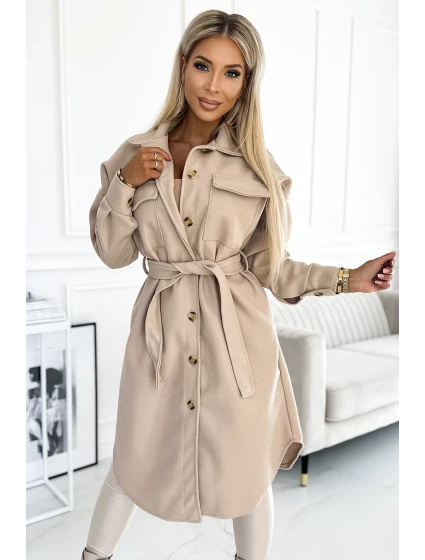 Teplý béžový kabát s knoflíky a zavazováním v pase model 21883682 - numoco basic