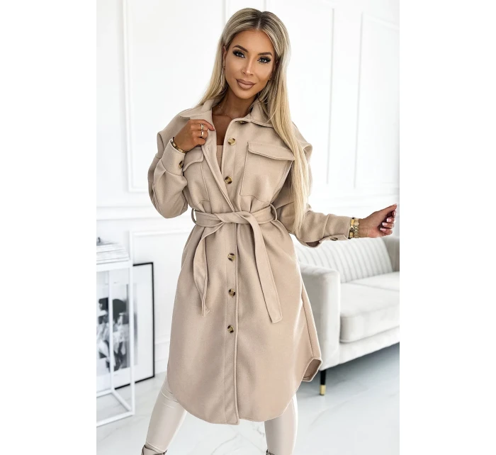 Teplý béžový kabát s knoflíky a zavazováním v pase model 21883682 - numoco basic