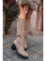 Zateplené dámské kozačky na masivním sloupkovém podpatku Sanelle – béžové