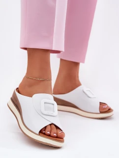 Dámské kožené pantofle na klínu model 21695605 oranžové - Artiker