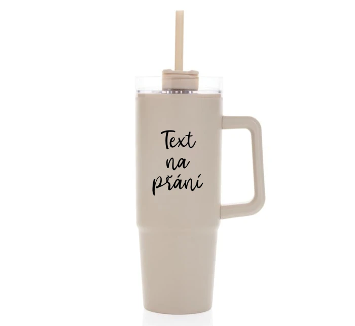 TEXT NA PŘÁNÍ - béžový cestovní termohrnek s průhledným víčkem 900 ml  
