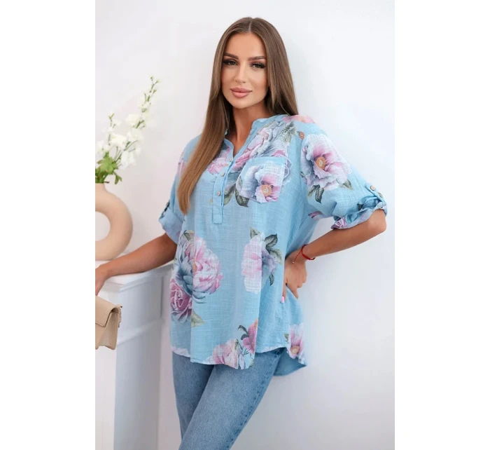 Dámská bavlněná halenka s květinovým vzorem modrý