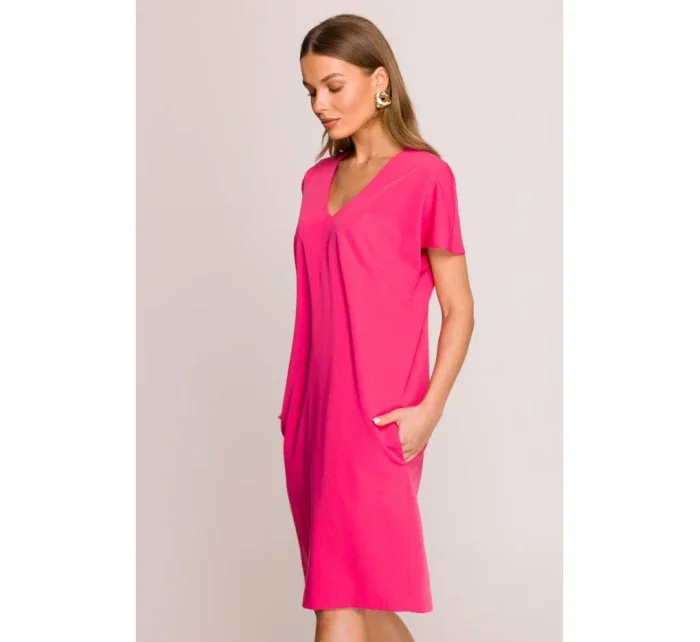model 20966038 Šaty uvolněného střihu s výstřihem do V růžové - STYLOVE model 20966038 Šaty uvolněného střihu s výstřihem do V růžové - STYLOVE