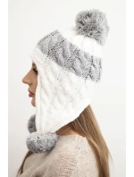 Dámská zimní čepice vlněná s bambulkami a ušima K447 bílá + šedá Dámská zimní čepice vlněná s bambulkami a ušima K447 bílá + šedá