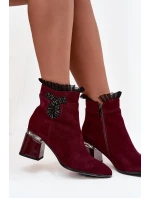 Semišové kožené dámské kotníkové boty na podpatku s ozdobou vyhřívané D&A MR52-127 bordó