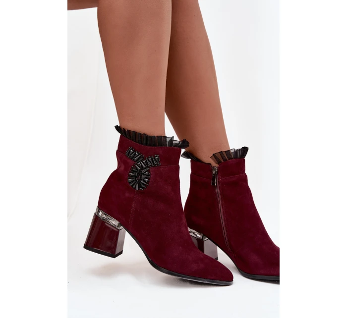 Semišové kožené dámské kotníkové boty na podpatku s ozdobou vyhřívané D&A MR52-127 bordó