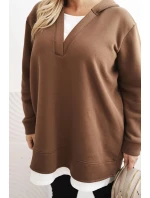 Dámská mikina zateplená Plus Size s kapucí a model 21486147 výstřihem hnědá - K-Fashion