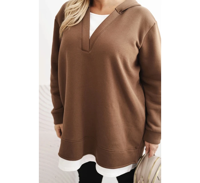Dámská mikina zateplená Plus Size s kapucí a model 21486147 výstřihem hnědá - K-Fashion