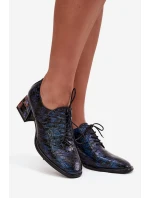 Kožené lakované dámské lodičky na podpatku s krystaly model 21710419 tmavě modré - Artiker