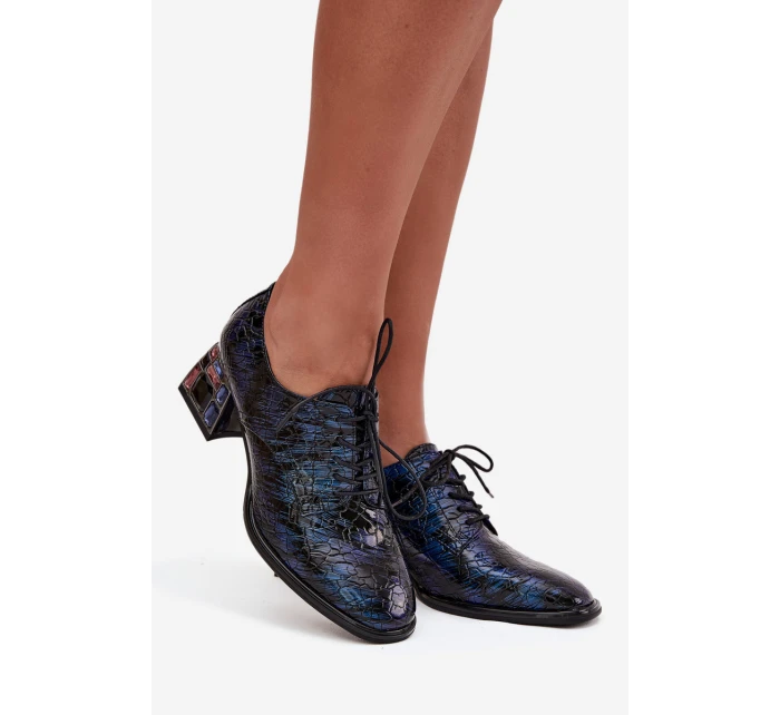 Kožené lakované dámské lodičky na podpatku s krystaly model 21710419 tmavě modré - Artiker