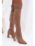 Dámské kozačky z eko-semiše nad kolena na sloupku – tmavě béžové Thamine