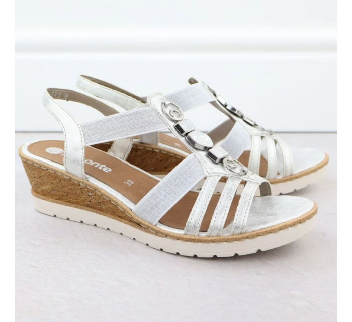 Dámské stříbrné sandály na podpatku s pásky model 21904798 - Remonte