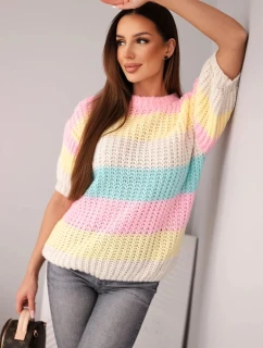 Dámský svetr s krátkým rukávem v barevných pruzích krajkový světle růžový