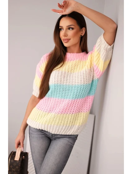 Dámský svetr s krátkým rukávem v barevných pruzích krajkový světle růžový