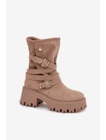 Dámské boty na podpatku s přezkami a páskem béžové model 21715455 - Boto