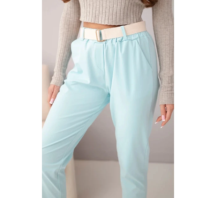Dámské bavlněné kalhoty s páskem a ohrnutým nohavicí mátové