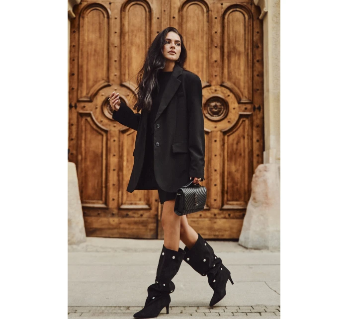 Dámské nazouvací kozačky na jehlovém podpatku Thaliane se stříbrnými ozdobami – černé