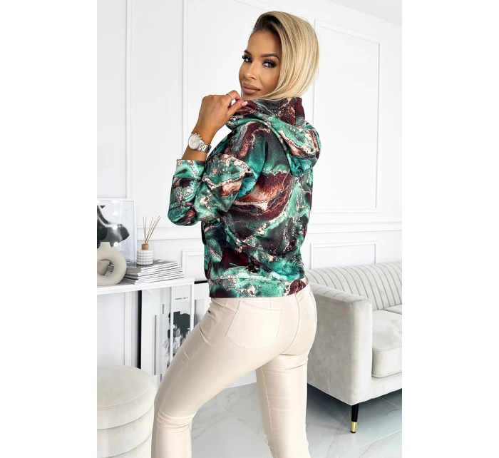 Dámská mikina s tyrkysovo-hnědým mramorovým vzorem a s kapucí 390-2 Dámská mikina s tyrkysovo-hnědým mramorovým vzorem a s kapucí 390-2