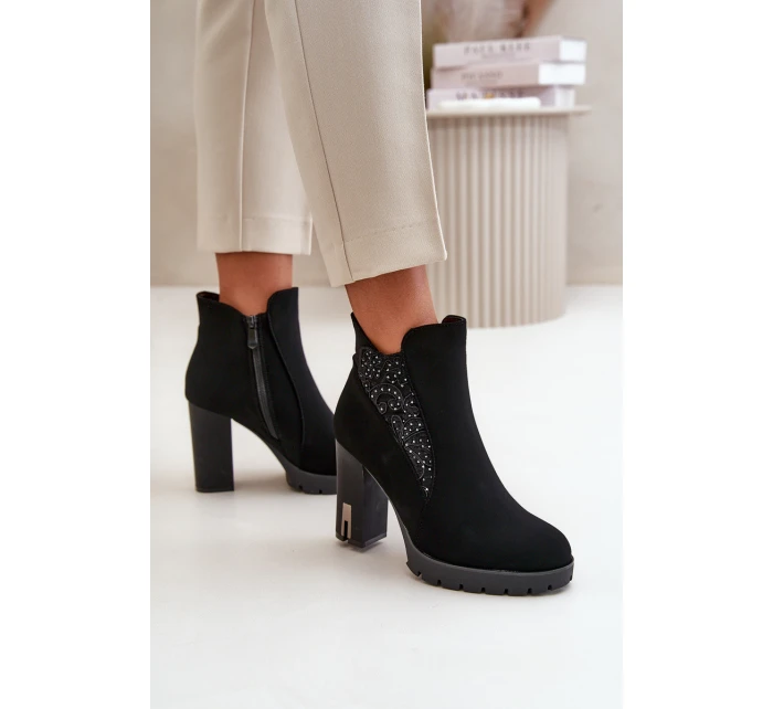 Zateplené dámské boty na vysokém podpatku s výšivkou černé model 21669227 - Boto