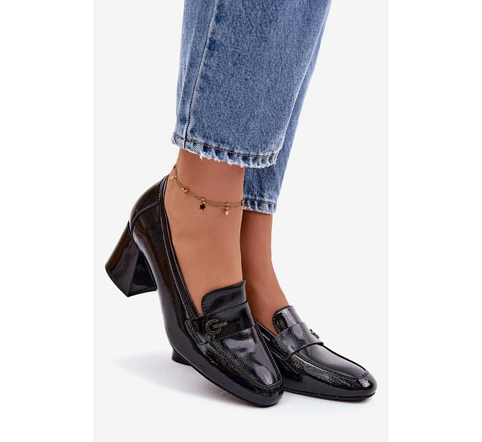 Kožené Lakované Dámské Lodičky na Podpatku model 22100046 Černé - VINCEZA