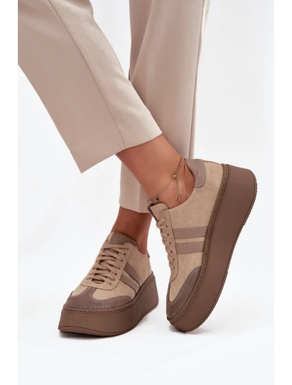 Kožené semišové dámské tenisky na platformě model 21713090 béžové - Zazoo