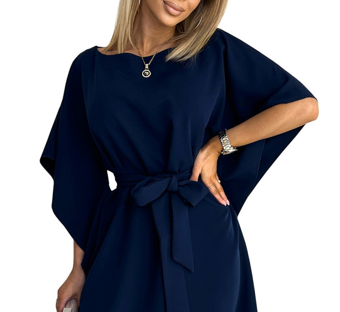SOFIA - Tmavě modré dámské motýlkové šaty se zavazováním v pase 287-24