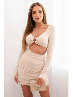 Dámské šaty s dlouhým rukávem a průstřihem v pase s ozdobným model 21086138 Béžový - K-Fashion