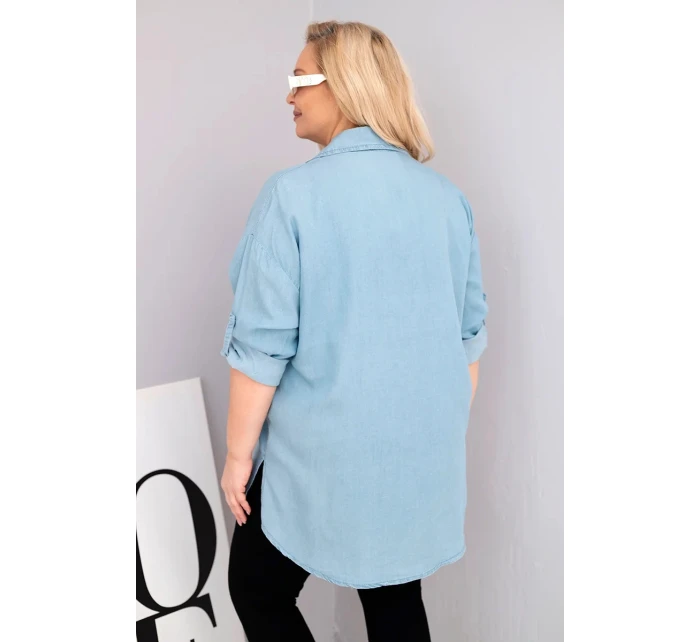 Dámská košile Plus Size z lyocellu s prodlouženým zadním dílem a rukávem na knoflík světle džínová