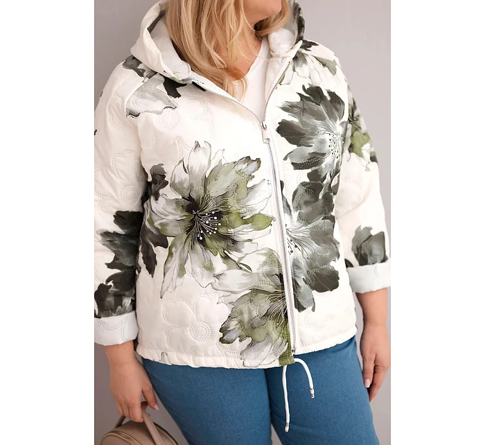 Jarní dámská bunda Plus Size s květinovým vzorem khaki