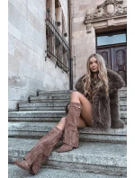 Dámské zateplené kozačky na podpatku s vyhrnutou horní částí Evyra – tmavě béžové, eko semiš